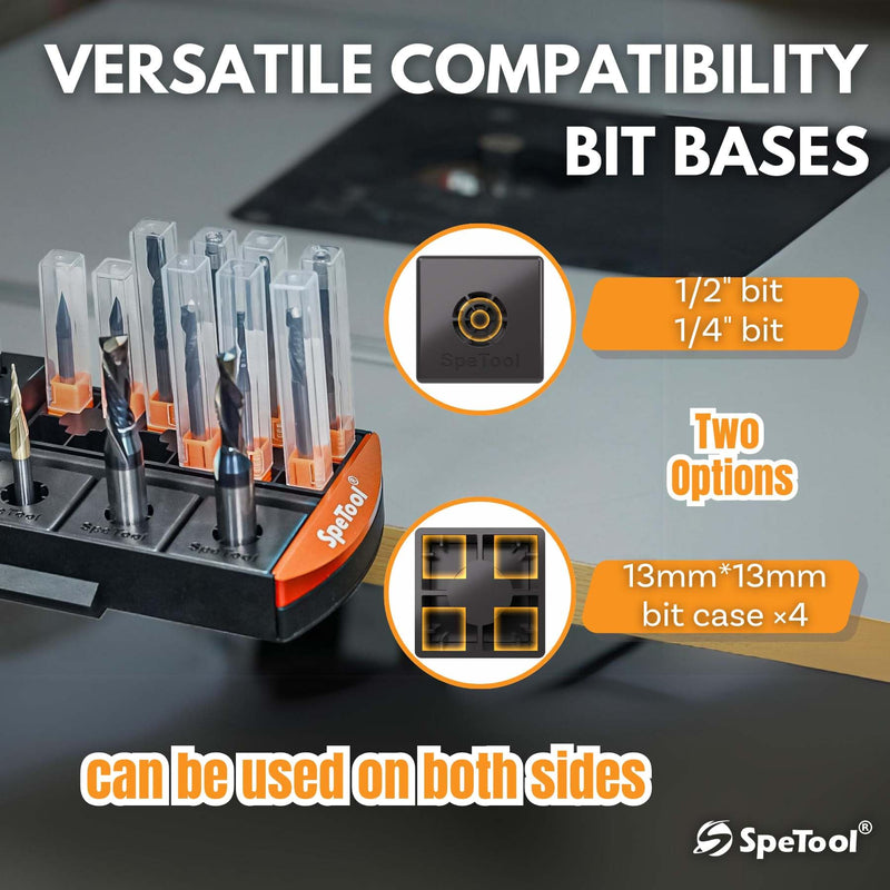SpeTool Router Bit Storage Tray, Versatile 14 Bit Bases for 1/2 and 1/4 inch Shank Router Bit or 13*13mm Router Bit Box, Router Bit Holder Organizer Holds Up to 56 Router Bit (Black) Black
