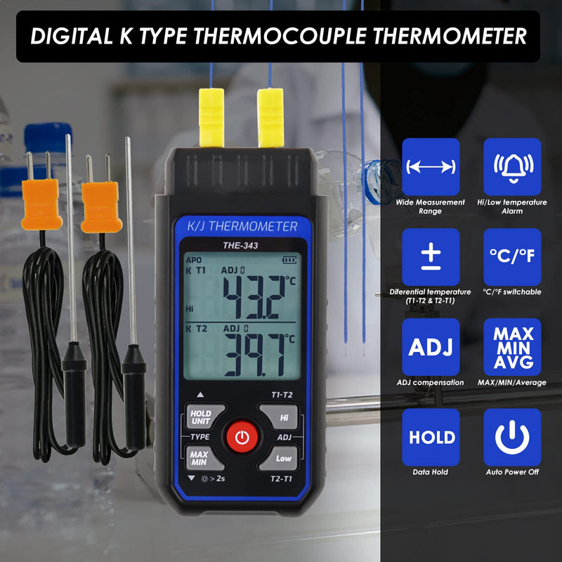[Australia - AusPower] - Thermocouple Thermometer, Digital K Type Thermometer with 4 Thermocouples, -328~1370°C Measuring Range HVAC Thermometer Dual Channels, Temperature Meter LED Backlight and ADJ Compensation 2-channel thermometer 