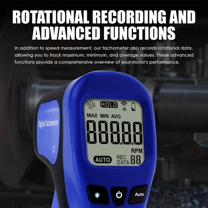 Laser Photo Tachometer Motor Speed Gauge Tester Non-Contact RPM Meter Motor Speed Gauge Gun - Accurate RPM Measurement with Rotational Record (Tachometer + 10 Reflective Tape) Tachometer + Reflective Tape