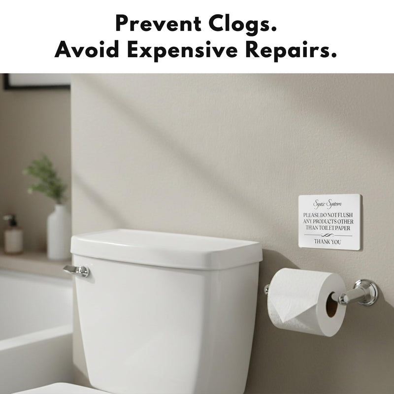 Septic System Do Not Flush Toilet Sign 2-Pack (White Acrylic 5 x 3.5 in) - Do Not Flush Anything Except Toilet Paper Sign - Bathroom Signs for Business - Airbnb and Restroom Signage White (Pack of 2)