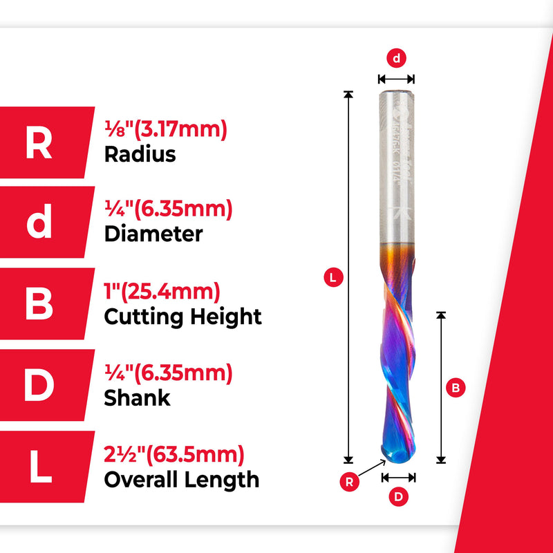 Amana Tool 46476-K SC Spektra Extreme Tool Life Coated Down-Cut Ball Nose Spiral 1/8 R x 1/4 D x 1 CH x 1/4 SHK x 2-1/2 Inch Long Router Bit 1-4 D x 1 CH x 1-4 SHK