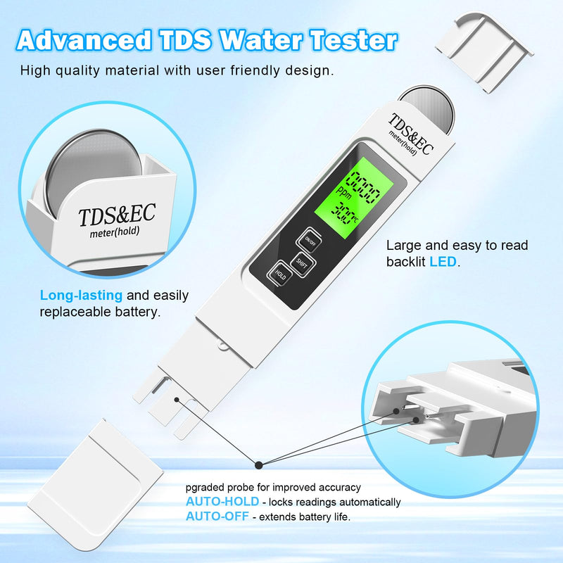 [Australia - AusPower] - 3 in 1 TDS Meter - TDS EC & Temperature(°C,°F) Meter,Accurate & Reliable Digital Water Testing kits for Drinking Water Quality, Tap, Well, Swimming Pool,Hydroponics, Aquarium, RO/DI System, WHITE 