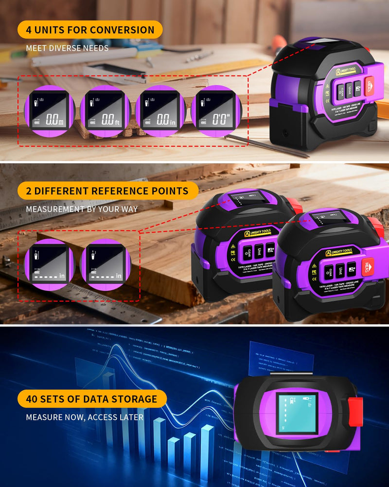 [Australia - AusPower] - 3 in 1 Digital Laser Tape Measure, 197ft/60m Laser Distance Meter, 16ft/5m Digital Tape Measure with Cross Line, AutoLock, ft/in/m Unit Switch, Measure Area, Volume, Pythagorean 