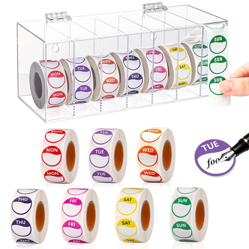 3500 PCS 7 Days of The Week Stickers 0.79 Inch Sticker Roll Dispenser Holder Acrylic Day Dot Dispenser Food Date Labels Stickers Monday to Sunday for Kitchen Restaurant Expiration Date 0.79 Inch Label Round Label