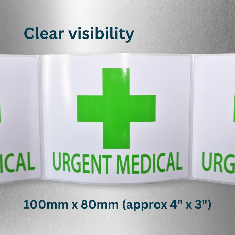 Urgent Medical Labels with Green Cross - Roll of 400 Latex-Free Stickers 100mm x 80mm (Approx 4" x 3") on 38mm (1.5") Core with Strong Adhesive. for Courier, Healthcare, Pharmacy, Clinic or Lab Use.