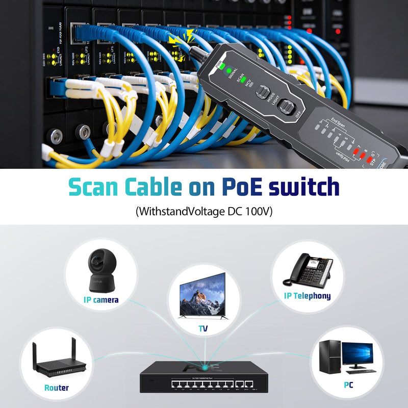 Network Cable Tester, RJ45 RJ11 Wire Tracer & Ethernet Tester, CAT5 CAT6 CAT6a CAT7 UTP STP, PoE NCV Crimp Test, 9-Wire Shield, Polarity, Line Finder for LAN Cable Maintenance