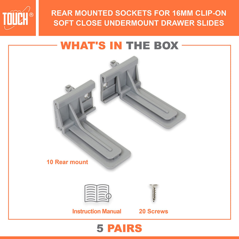 [Australia - AusPower] - TOUCH Rear Mounting (5 Pairs, 10 Pcs) for 1/2 and 5/8 INCH Undermount Soft-Close Drawer Slides Socket, Drawer Track Back Mount Brackets for Face Frame Cabinets Drawer Gildes Rear Mount 5.0 