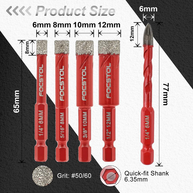 FOCSTOL Dry Diamond Drill Bit Set - 10pcs Diamond Hole Saw Kit and Carbide Drill with Quick Change Hex Shank for Porcelain Tile Ceramic Marble Granite Quartz (6mm*2+8mm*2+10mm*2+12mm*2+6mm*2) (6mm/8mm/10mm/12mm + 6mm) × 2