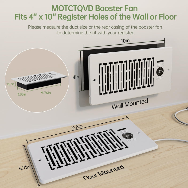 Register Booster Fan Fits 4” x 10” Register Holes, Smart Control Heating Cooling AC Vent Fan, 10-Speed Quiet Register Vent Booster Fans with Thermostat Control & Remote Control