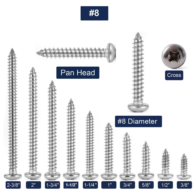 [Australia - AusPower] - #8 x 3/8" Wood Screw 100Pcs 18-8 (304) Stainless Steel Pan Head Fast Self Tapping Drywall Screws by SG TZH #8 x 3/8" 