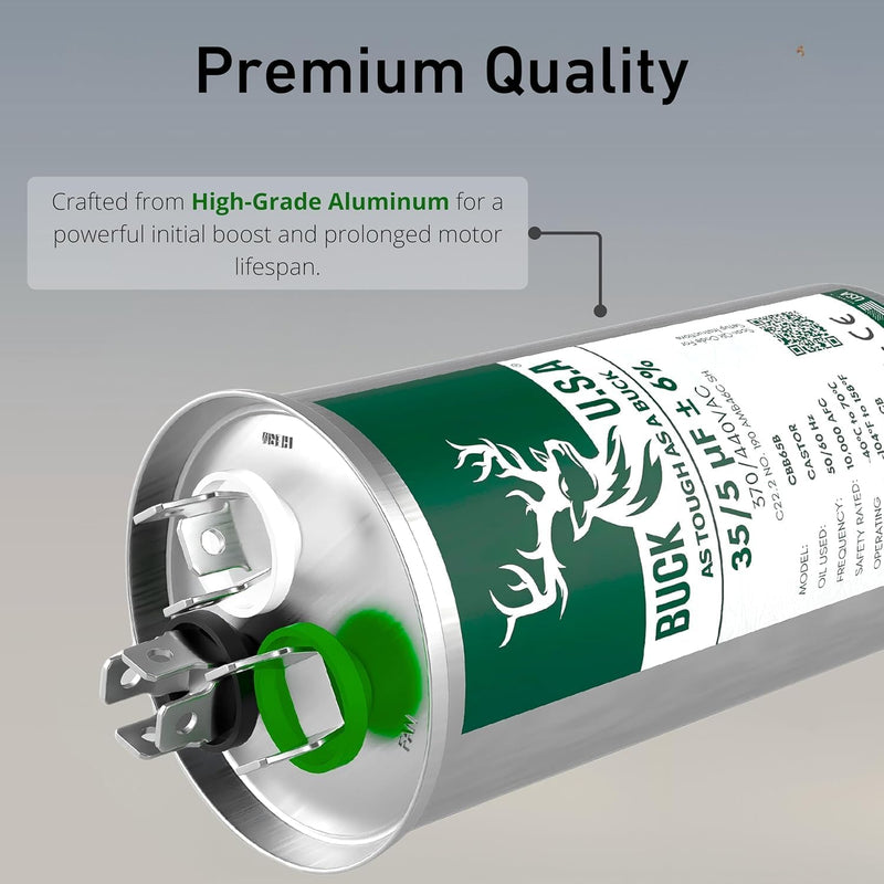 Buck 35+5uF 35/5 MFD ±6% CBB65B Dual Run Round Start Capacitor - Ideal for HVAC Systems, Air Conditioner Unit Fan Motor Start, Heat Pump, & Condenser Straight Cool Applications 370/440VAC 50/60Hz 35+5 µF 1.0