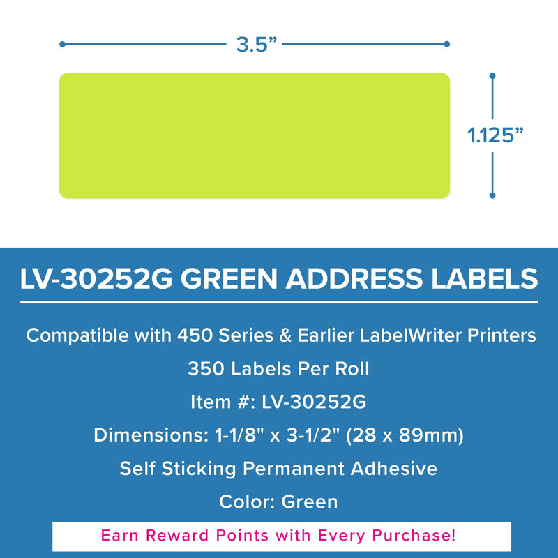 LabelValue LV-30252 Compatible Address Labels (2 Green Rolls Per Pack) - 1-1/8" x 3-1/2" - 350 Labels/Roll - Permanent Adhesive Compatible with DYMO LabelWriter 450 Series and Earlier Printers