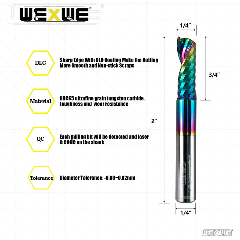 [Australia - AusPower] - Tools Solid Carbide CNC Spiral Single Flute End Mill - for Acrylic Plate Aluminum, Wood, Plastic, Brass, Copper Cutting - 1/4 Diameter 1/4" Shank 2" Length,1 Flute (1/4-2.0" 2PCS) 1/4-2.0" 2PCS 