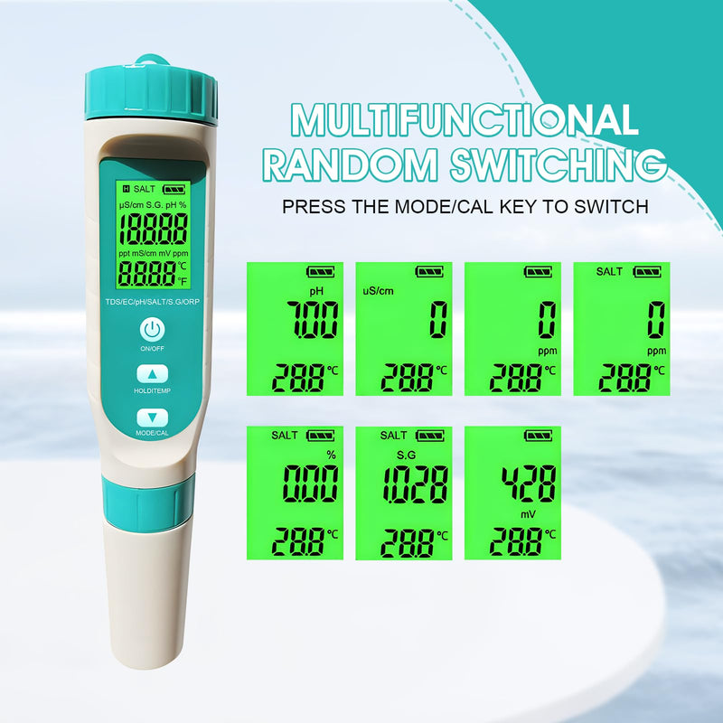 [Australia - AusPower] - PH/TDS/EC/ORP/S.G/Salinity/Temp Meter with Water Tester Pen PH Test Salinity Meter ORP Meter, 7 in 1 TDS Meter Digital Water Quality Tester for Drinking Water, Aquarium, Aquaculture Laboratory, Pool 