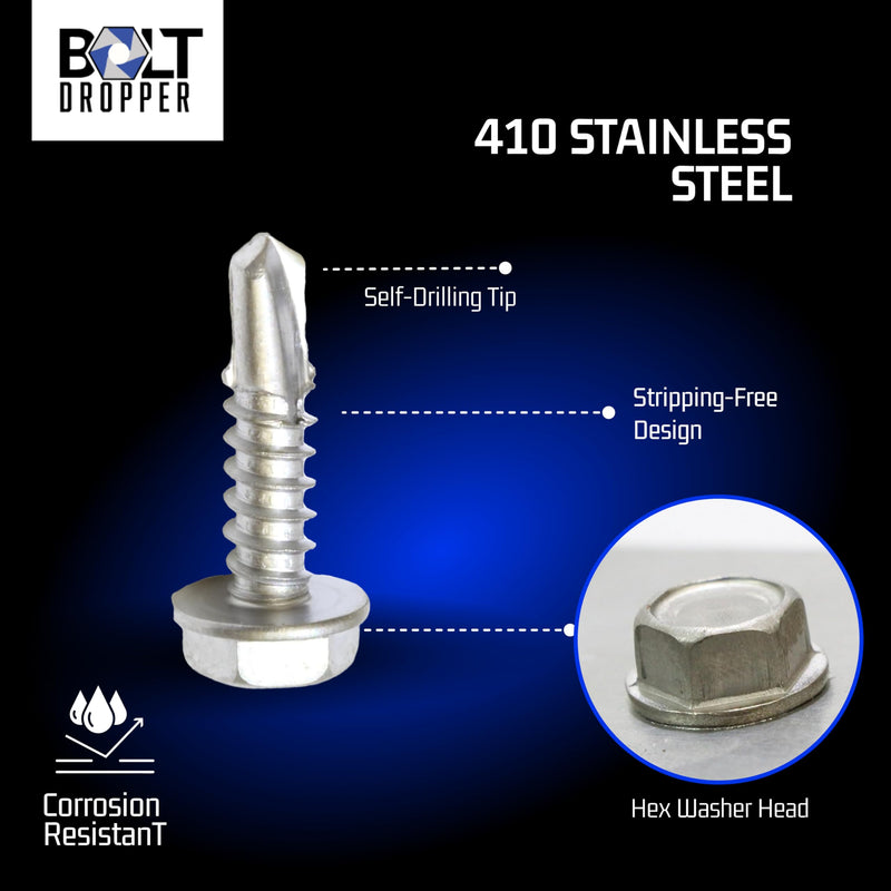 [Australia - AusPower] - Bolt Dropper No. 6 x 1/2" Stainless Hex Washer Head Self Drilling Screws - 100 pc - 410 Stainless Steel Self Tapping TEK Screws, No. 2 Point, Plain Finish by Bolt Dropper #6 x 1/2"(100 pcs) 1/2 Inch 