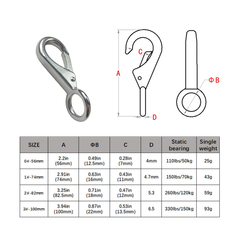 [Australia - AusPower] - Round Eye Quick Snap, Stainless Steel 316 Spring Loaded Fixed Eye Hook Marine Spreader Fitting (4, 0# L=56mm) 4 