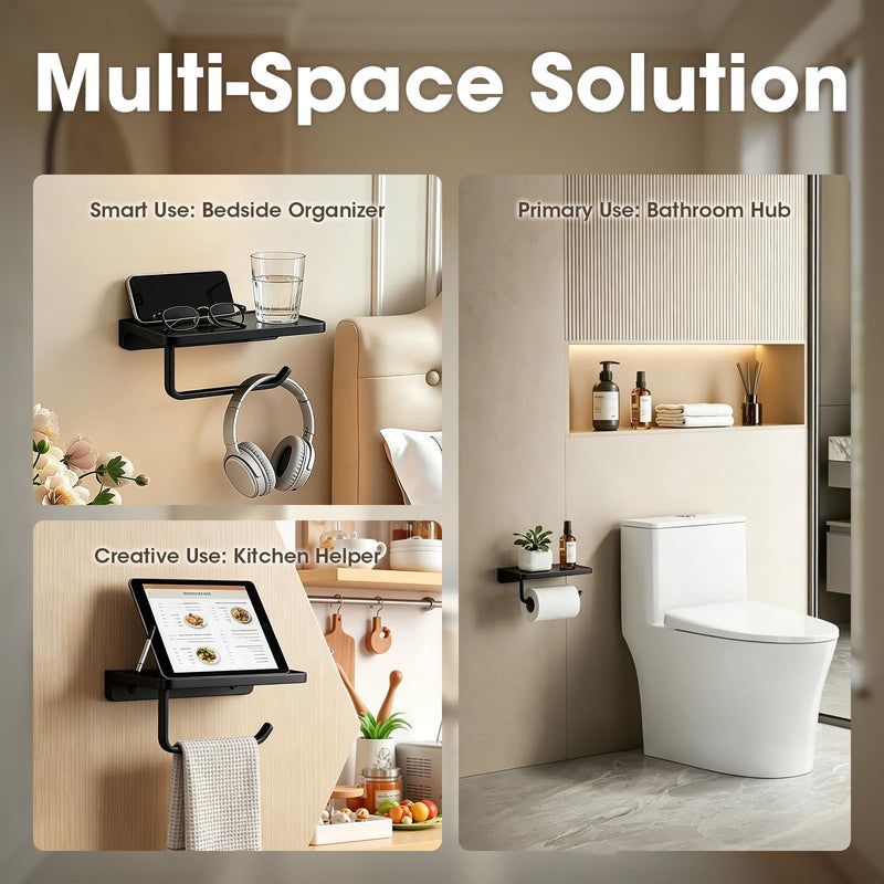 TRUSTMI Toilet Paper Holder with Phone Shelf Solid Metal Bathroom Hardware Accessories Tissue Roll Dispenser Storage Wall Mounted, Matte Black 7.1" x 4.3"