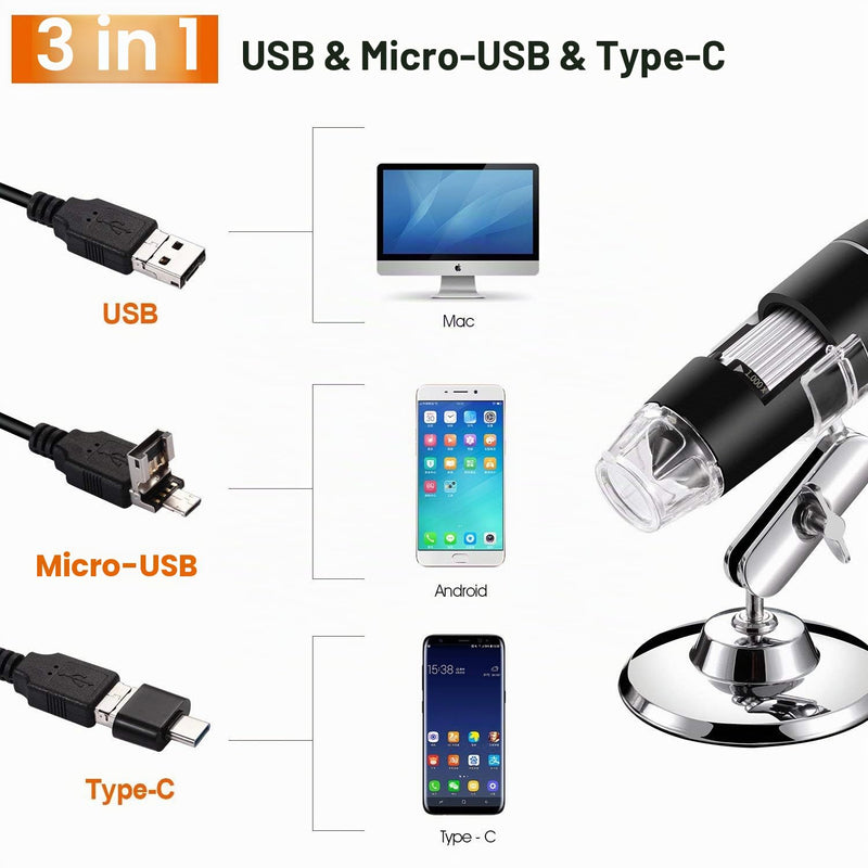 USB Digital Microscope 40X to 1000X, Bysameyee 8 LED Magnification Endoscope Camera with Carry Case and Metal Stand Compatible for Android Windows 7 8 10 Linux Mac