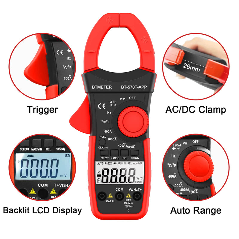 [Australia - AusPower] - BTMETER AC/DC 1000A Clamp Multimeter, 4000 Counts Digital Clamp-on Meter with Data Logging Measure Amp Volt Ohm Capacitance Frequency Temperature Continuity, Electrical Tester 570T-APP 1000A Smart Clamp Ammeter 