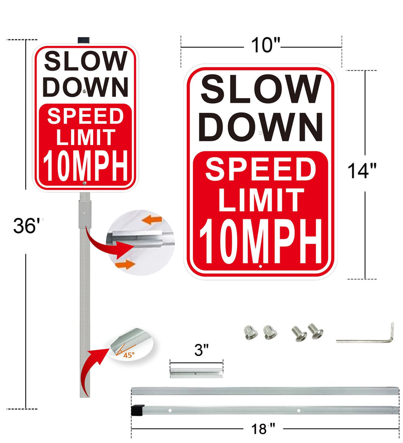 2Pack Slow Down Sign, Speed Limit 10MPH Sign with 36" Stakes, 14"×10" Reflective Aluminum, Fade Resistant/Waterproof, Including Screws, Easy to Install Speed 10 with stake