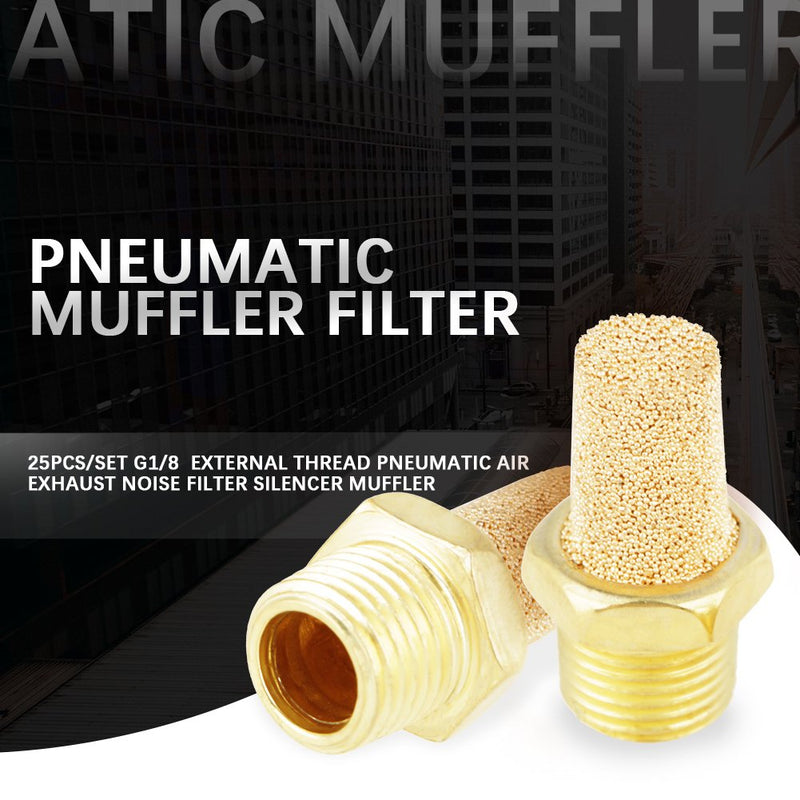 FTVOGUE Air Filter Silencer Set, G1/8 Male Thread, Sintered Brass and Iron, 25 Pieces, 0.9" Length, Pneumatic, 0-1.6MPa Working Pressure