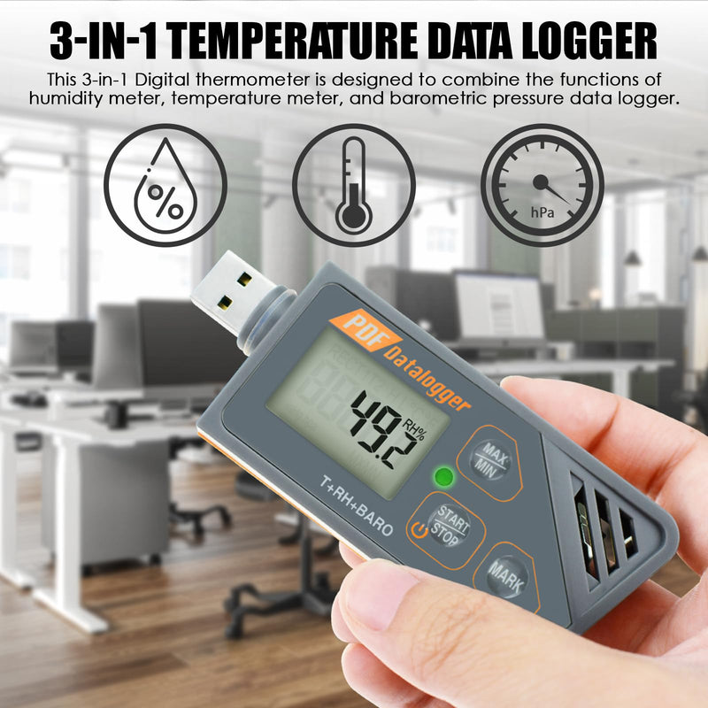 TEKCOPLUS Temperature Data Logger,USB Temperature Humidity Logger Play Generate Plug for Temperature, Humidity and Atmospheric Pressure with Built-in Software to Generate PDF and Excel Reports