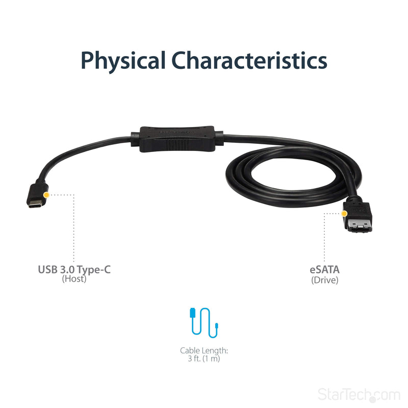 StarTech.com USB C to eSATA Cable - 3 ft / 1m - 5Gbp - for HDD/SSD/ODD - External Hard Drive Adapter - USB 3.0 to eSATA Converter (USB3C2ESAT3)