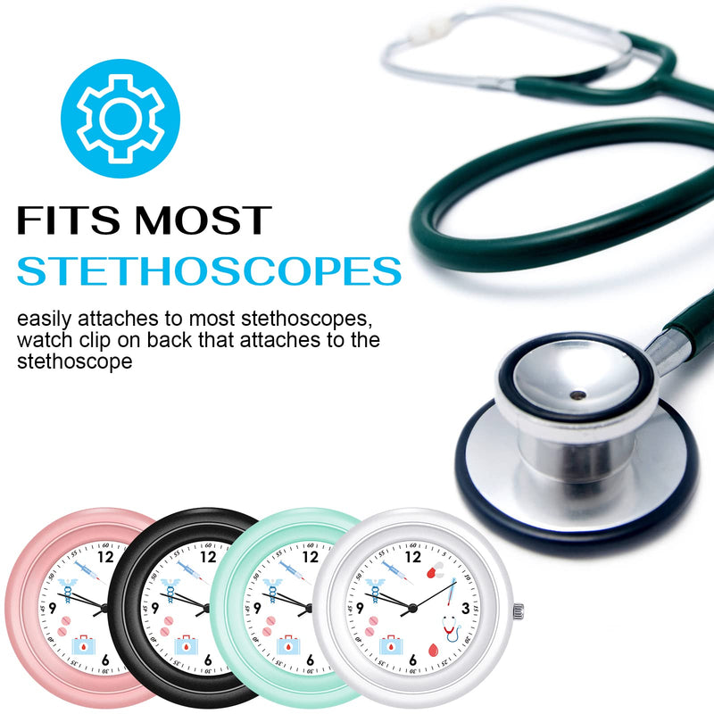 [Australia - AusPower] - Janmercy 4 Pcs Stethoscope Watch with Medical Symbols for Doctor Clinic Staff Tunic Nurses stethoscope clock Watches Clip on Watch Lightweight Frame nursing stethoscope accessories 