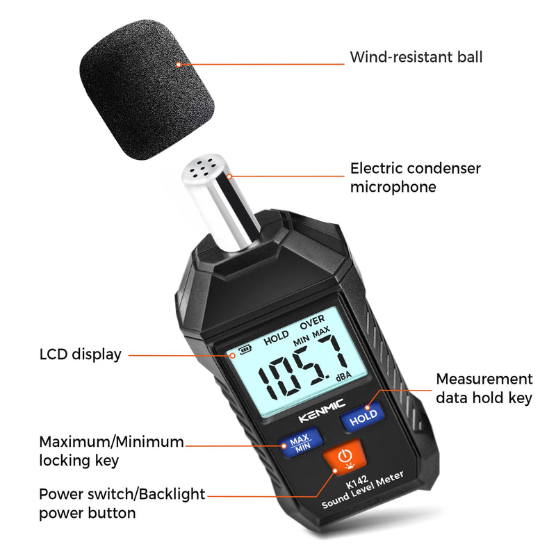 [Australia - AusPower] - Digital Decibel Meter - Portable SPL Meter with Backlit LCD Display (35-130dB(A) Range) - MAX/MIN Data Hold - Digital dB Reader Meter for Home, Classroom, Workshop, and Office Use Black 
