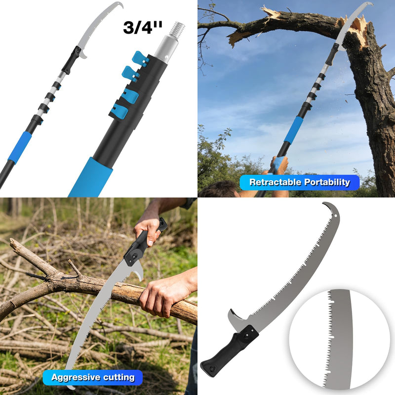 Manual Pole Saw for Tree Trimming, 18FT Reach Telescoping Extension Pole Tree Pruner with 24" Blade, Hand Pole Saw for Cutting High Branches, Detachable Pruning Saw for Garden Yard Maintenance 12FT
