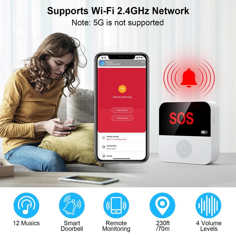 WiFi Pager, Caregiver Pagers Life Alert Systems for Seniors no Monthly Fee, 1 Receiver and 1 SOS Panic Button & 1 Watch Pager, Compatible with Tuya Smart/Smart Life APP Style 1