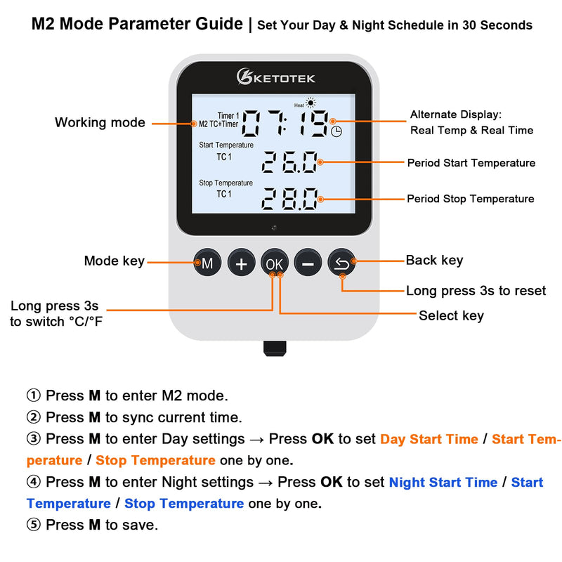 KETOTEK 3-in-1 Plug-in Thermostat Outlet, Digital Day/Night Temperature Controller with Timer & Probe for Reptile Terrarium, Greenhouse & Brewing — Heating & Cooling Mode, 120V, °F/°C Switchable
