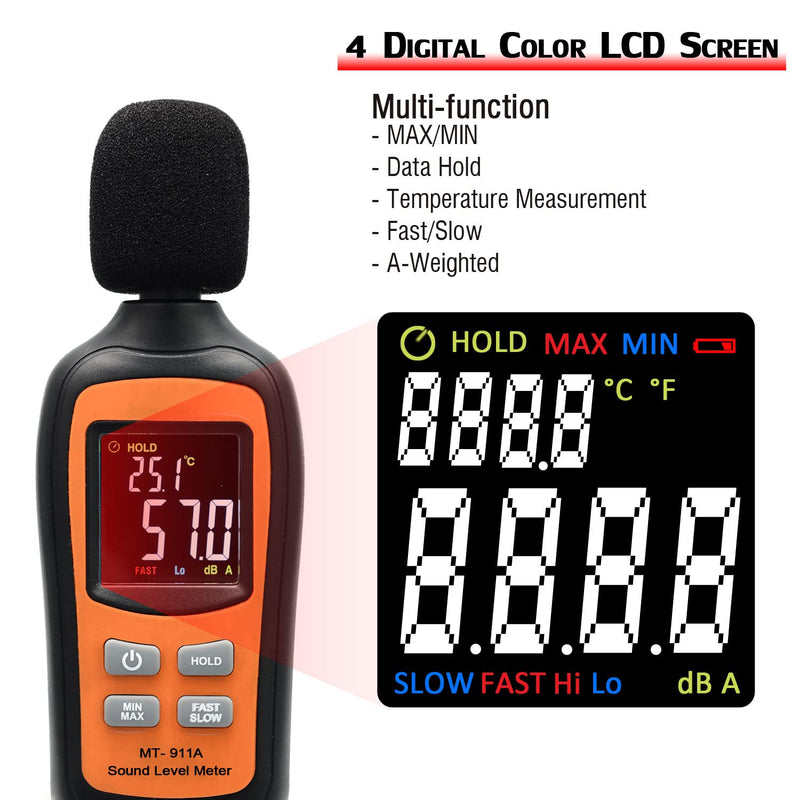 [Australia - AusPower] - Decibel Meter,Digital Sound Level Meter Portable SPL Meter,35dB to 135dB Temperature Function,Noise Meter with A-Weighted [MAX/MIN Fast/Slow Data Hold], Use for Home, Noisy Neighbor, Factory Orange & Black 