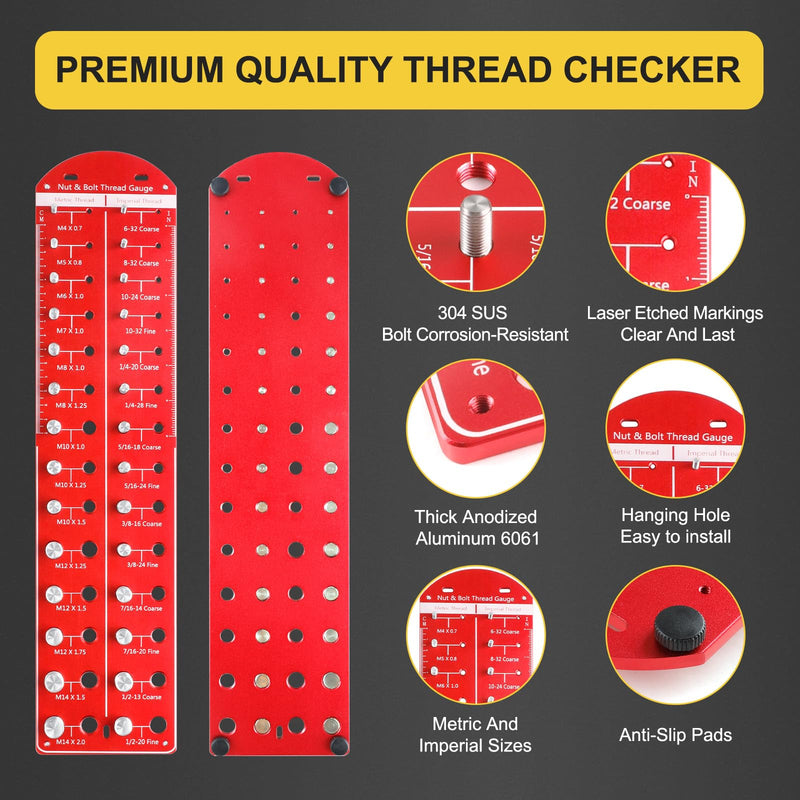 Upgrade 28 Nut and Bolt Thread Checker: Identibolt Bolt and Nut Gauge, 14 Metric & 14 Standard Sizes, Wall-Mountable Red rectangle