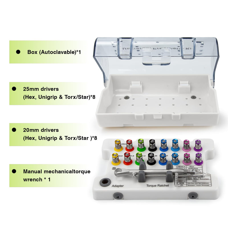 [Australia - AusPower] - Universal Implant Driver Kit, Fully Autoclavable Dental Implant Torque Wrench Kit with 10-70Ncm Torque Adjustable Ratchet and 16pcs Screwdriver, Implant Prosthetic Universal Torque Wrench Kit 