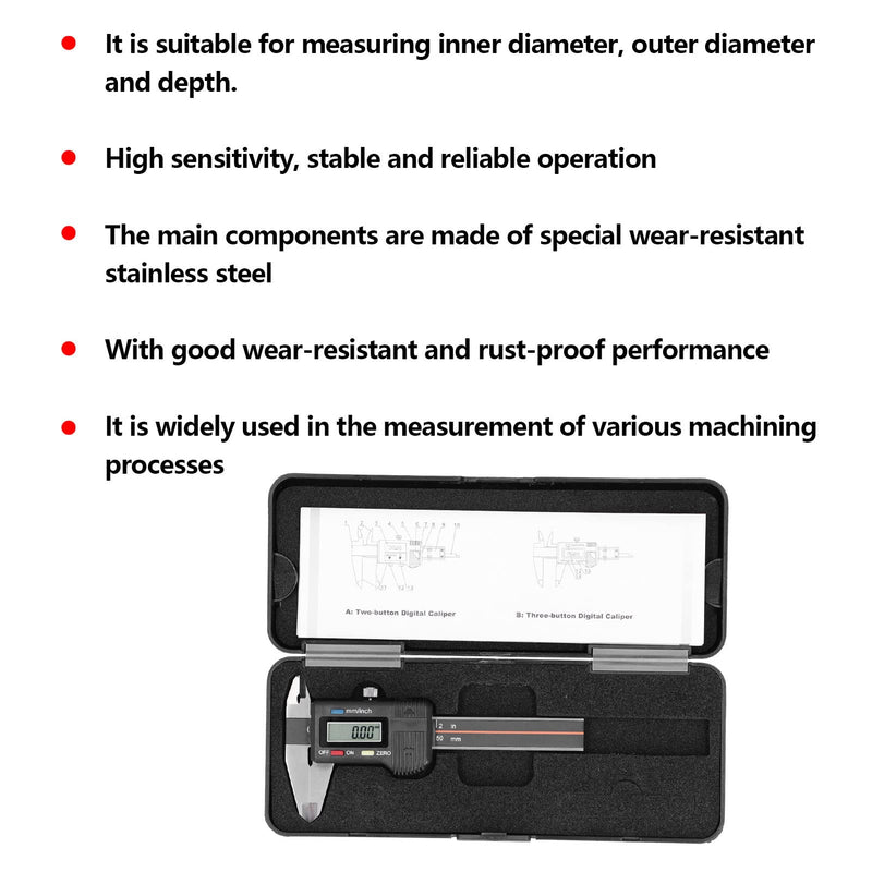 [Australia - AusPower] - Electronic Digital Vernier Caliper, 50mm / 2in High Precision Portable Caliper Measuring Tool (Delivered Without Battery) 