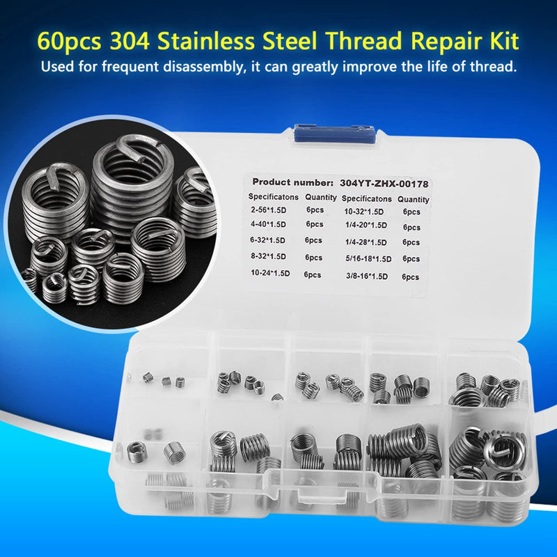 [Australia - AusPower] - 60PCS Wire Insert Thread Repair Kit, 304 Stainless Steel Wire Screw Sleeve Thread Repair Inserts Assortment Kit 