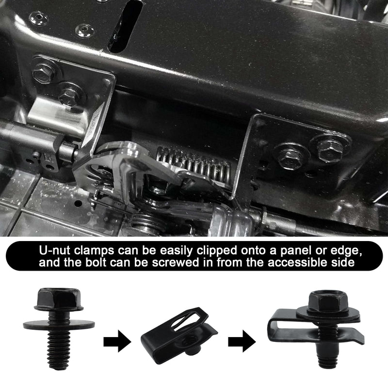 [Australia - AusPower] - 50PCS M6-1.0 Extruded U Nuts & Hex Head Body Bolts Kit for GM Ford Chevy Chrysler Jeep Dodge, Automotive Body Bolt & U-Nut Clips, Bumper Fender Liner Push Pull Metal Rust-Resistant U Retainer (Black) 