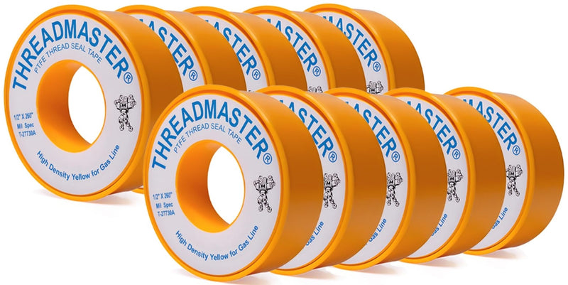 TAPEWELL Yellow Gas Pipe Thread Sealant Tape - Pack of 10-260" X 1/2" Plumbers Tape - for Propane, Natural Gas and More