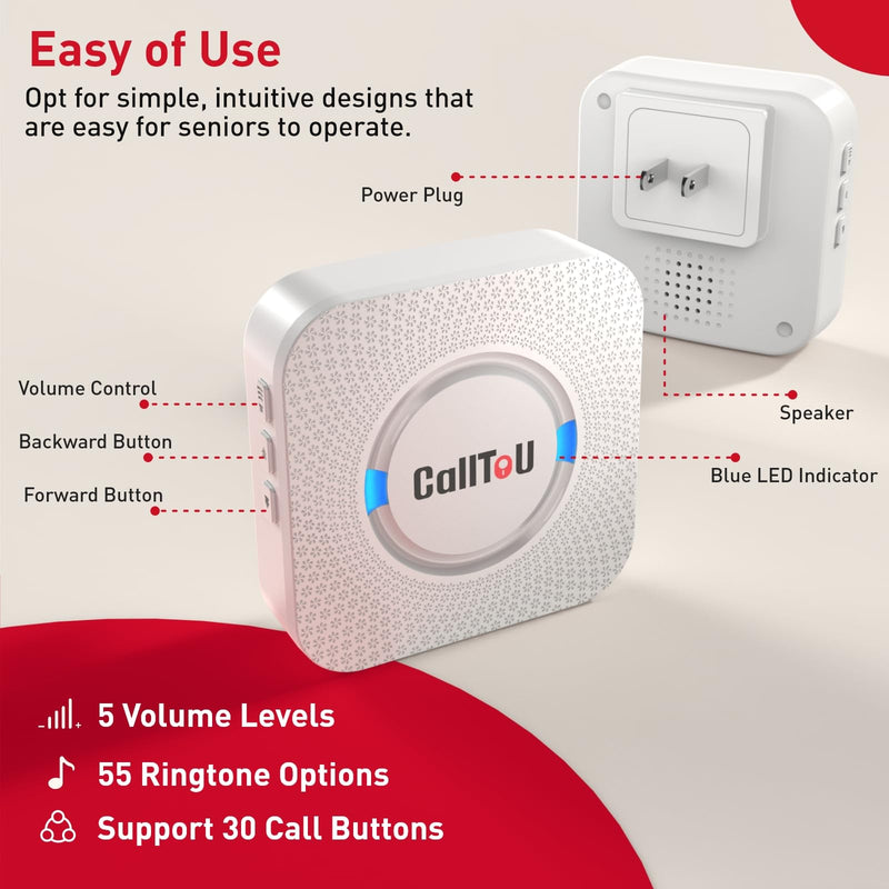 CallToU Caregiver Pager Wireless Call Button Nurse Alert System 500+ Feet for Home/Elderly/Patient/Disabled 1 Plugin Receiver 1 Waterproof Transmitter 1 call button + 1 receiver