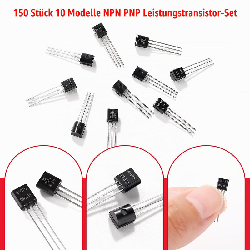 YIXISI 150 Pieces 10 Values A1015 BC327 BC337 C1815 S8050 S8550 2N2222 2N2907 2N3904 2N3906 NPN PNP Power Transistors Assortment Kit 10 Values - 150 Pieces