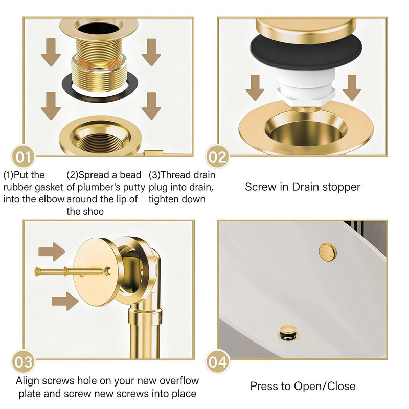Tub Drain Tip-Toe Trim Set with Two-Hole Overflow Faceplate,Bath Tub Drains Conversion Kit with Universal Fine/Coarse Thread,Brushed Gold Replacement Bathtub Drain Stopper Assembly