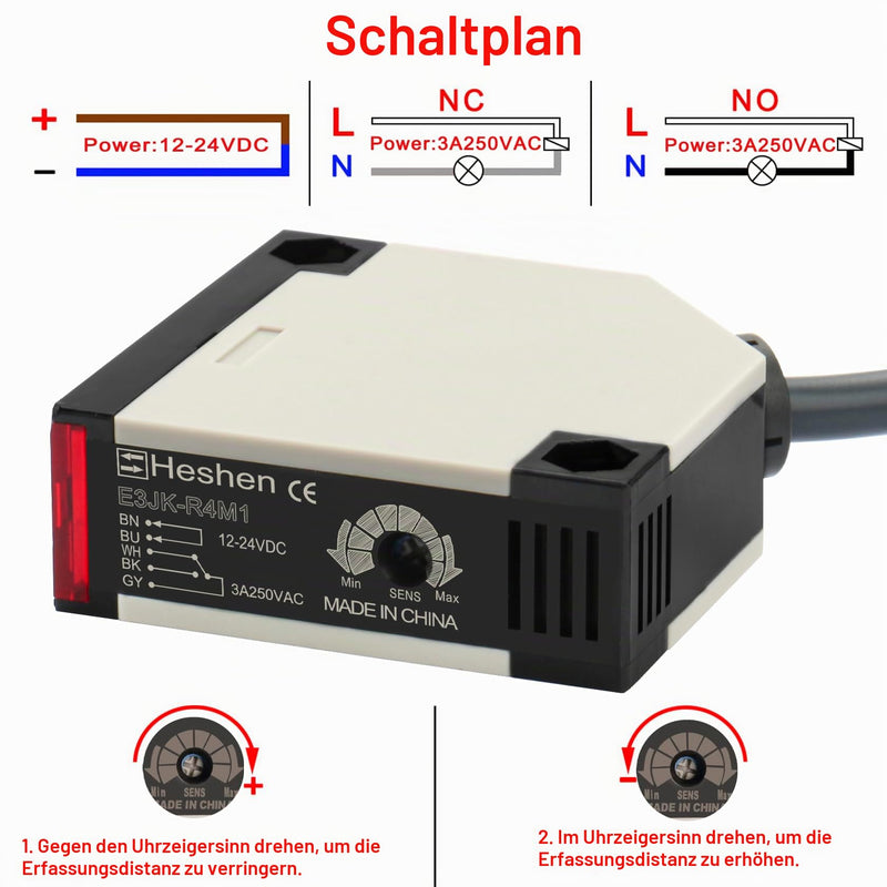 Heschen Photoelectric Switch E3JK-R4M1 DC 12-24V Feedback Reflection Type Detection Distance 4m with Reflector Plate