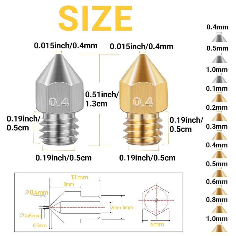 50 Pcs 3D Printer Nozzles - Hardened Steel Stainless Steel Brass Printer Extruder Nozzles Set for CR-10, Ender 3 - High Temperature Pointed Wear Resistant Mk8 Nozzles - 3D Printer Nozzle Cleaning Kit