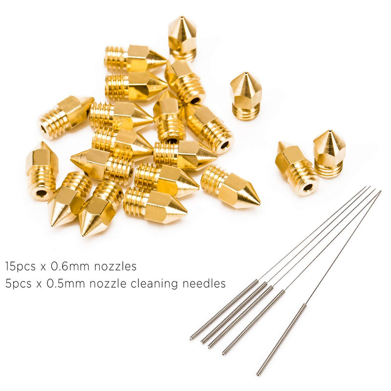 LUTER 15PCS 0.6mm 3D Printer Nozzles Extruder Nozzles for MK8 + 5 PCS 0.5mm Stainless Steel Nozzle Cleaning Needles for Makerbot Creality CR-10 15