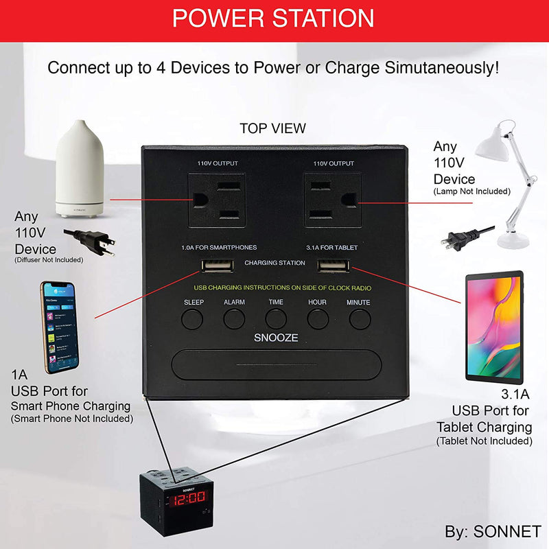 [Australia - AusPower] - Sonnet Alarm Clock Charging Station, AM FM Radio, Dual USB Charging Ports, Dual AC Outlets, Very Loud Alarm Clock for Heavy Sleepers and The Hearing Impaired for Desk, Bedroom R1414-NO BLUETOOTH 