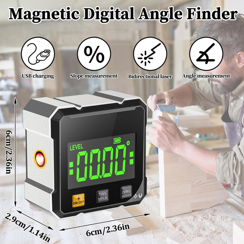 4-Sided Magnetic Digital Protractor with Laser | Digital inclinometer with LCD display, IP54 waterproof, ±0.2° precision inclinometer for construction, machines, DIY work Black