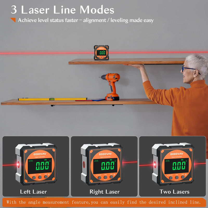 4-side Magnetic Digital Angle Gauge with Laser(Class 2, ＜1mW Output), 4 * 90° Rechargeable Electronic Inclinometer Protractor Level Gauge for Woodworking Tablesaw Orange