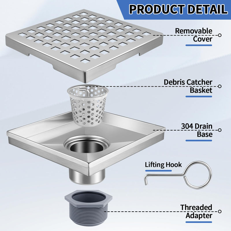 Boltigen Square Shower Drain, 304 Stainless Steel 4 inch Shower Floor Bathroom Shower Drain with CUPC Certified, Brushed Nickel 4'' Square Floor Drain, for Bathroom Toilet Washroom Drain Water