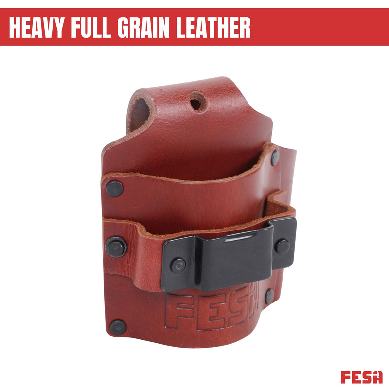 FESA Leather Tape Measure Holder - Measuring Tape or Drill Holder for Tool Belt with Steel Clip, Pencil Pocket & Heavy Duty Rivets - 2 Ways to Attach - Fits Any Belt - Handcrafted Cherry - With Hammer Pocket